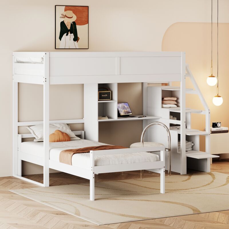 Okwish - Lit superposé 90x200 cm lit enfant 2 places avec échelle, bureau et clôture haute, en pin + métal, blanc