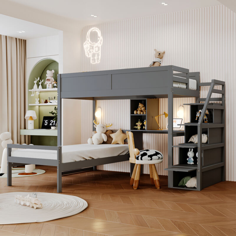 Redom - Lit superposé 90200cm, escalier de sécurité avec compartiment de rangement caché, compartiment de rangement de bureau, conception de clôture