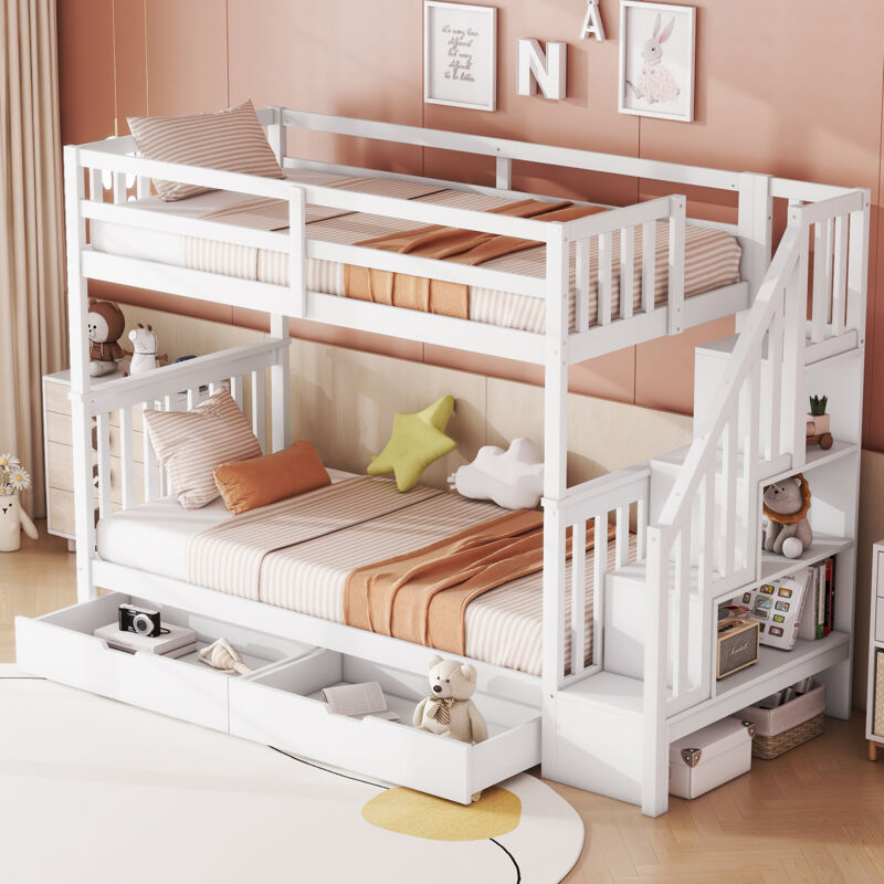 Okwish - Lit superposé 90x200cm, lit enfant avec 2 tiroirs, étagère escalier et garde-corps hauts, en bois de pin, blanc