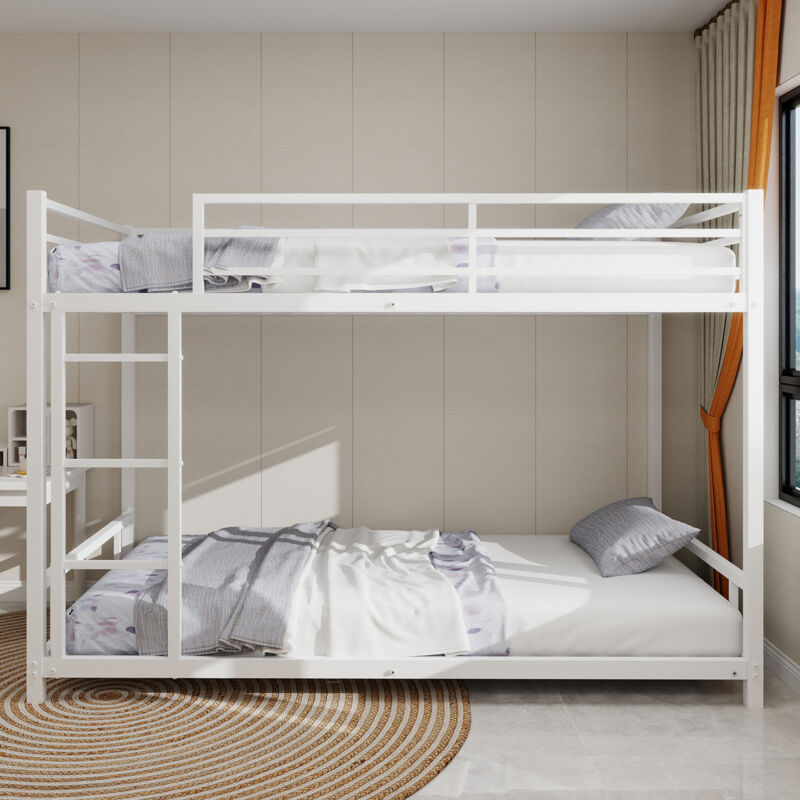 Lit superposé 90x190 cm, lit en fer forgé, avec 2 lits simples, escalier, protection antichute, lit enfant - Blanc