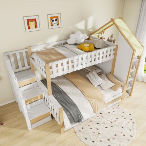 Lit superposé 90x200+140x200 avec barrière maison irrégulière. Échelle-rangement, 2 tiroirs. blanc + naturel (Sans matelas)