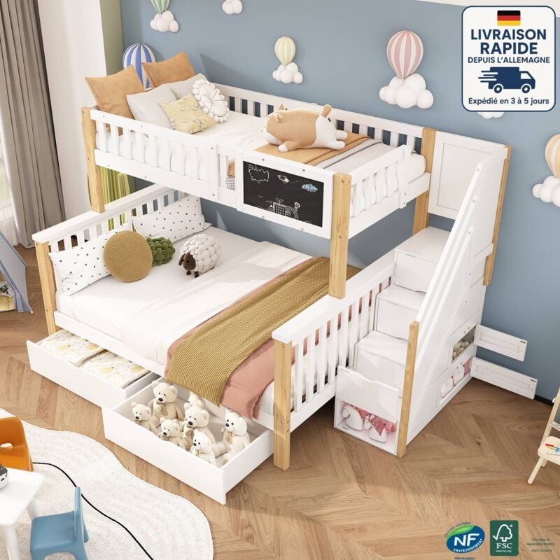 Modfu - Lit superposé 90x200 (140x200) cm Lit doubles pour enfants, 2 tiroirs, échelle avec compartiment de rangement, bois, mdf, naturel