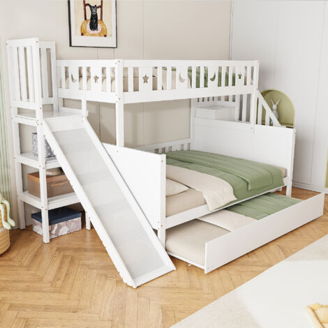 Lit superposé 90x200 /140x200 cm toboggan sécurisé avec rangements bois blanc (Sans matelas)