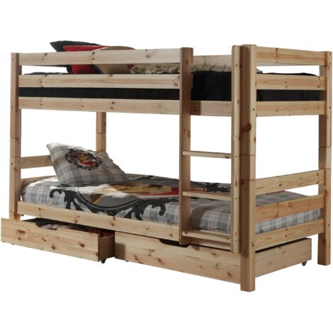 Lit superposé 90x200 avec 2 tiroirs pin massif clair Pino H 140cm