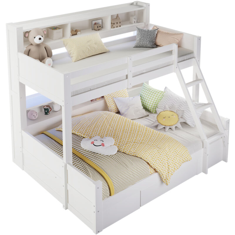 Lit superposé 90x200 cm + 140x200 cm Lit effent avec bandeau LED et rangement intégré, échelle ajustable - Pin- Blanc
