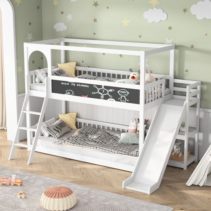 Dans Les Nuages - Lit superposé 90x200 cm, 2 places, avec toboggan, escalier, planche à dessin, porte cintrée, sommier à lattes, clôture de sécurité,