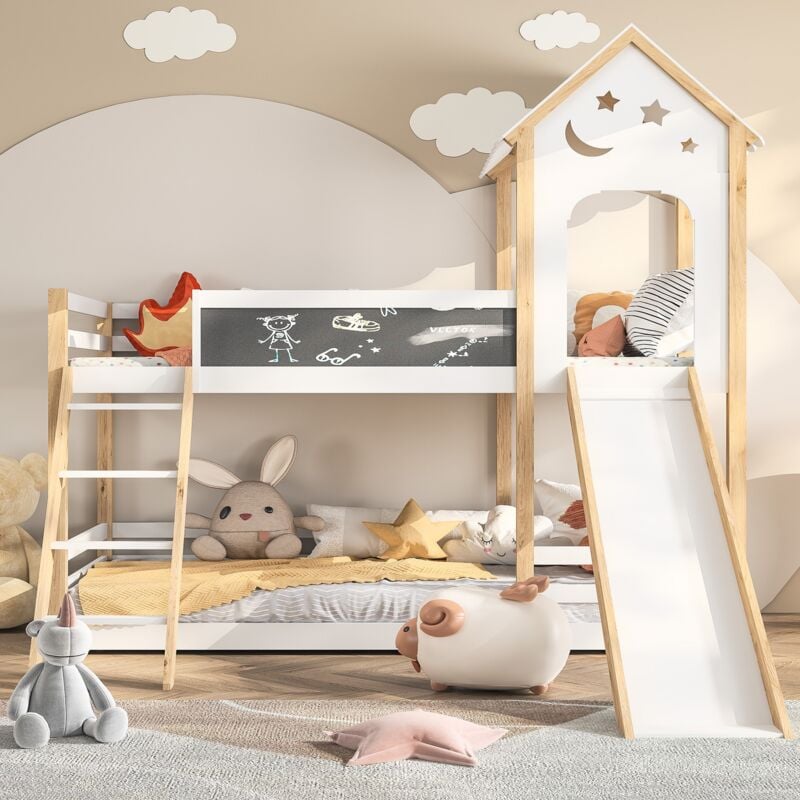 Dans Les Nuages - Lit superposé 90x200 cm, 2 places, avec Toboggan, planche à dessin, escalier, sommier à lattes, clôture de sécurité, lit enfant en