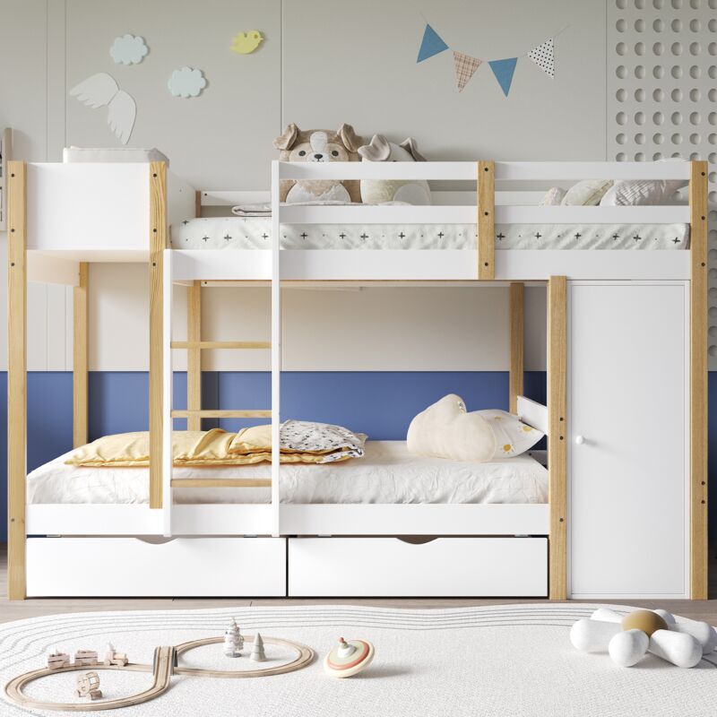 Tanant - Lit superposé 90x200 cm, 2 places, lit enfant avec sommier et escalier, 2 armoires de rangement et 2 tiroirs sur roulettes, pin,Blanc +