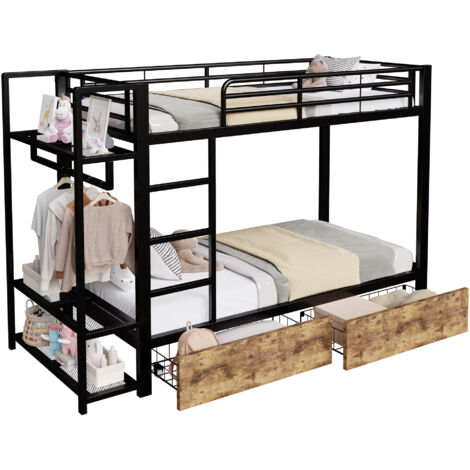Lit superposé 90x200 cm avec 2 tiroirs étagères multiples tringle penderie éclairage led, gain de place chambre enfant ado, structure métal noir