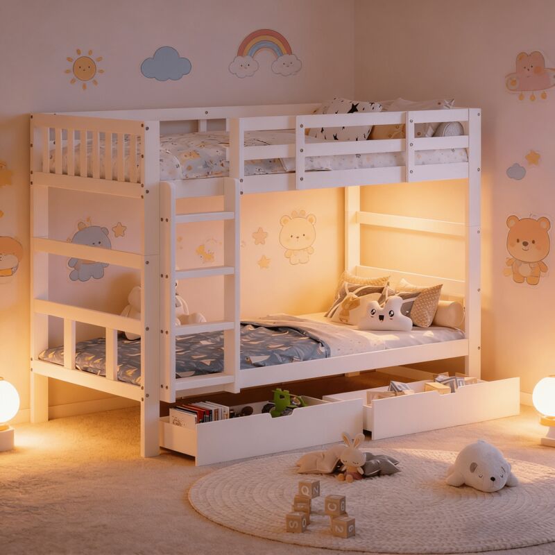 Lit superposé 90x200 cm avec 2 tiroirs, Lit enfant 2 places sommier à lattes en bois massif, Séparable en 2 lits, Barrière de sécurité, Blanc