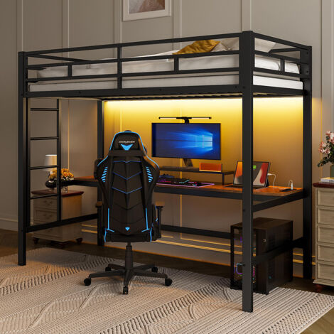 Lit superposé 90x200 cm avec éclairage LED, conforme à la norme EN747, sans matelas, métal - Noir