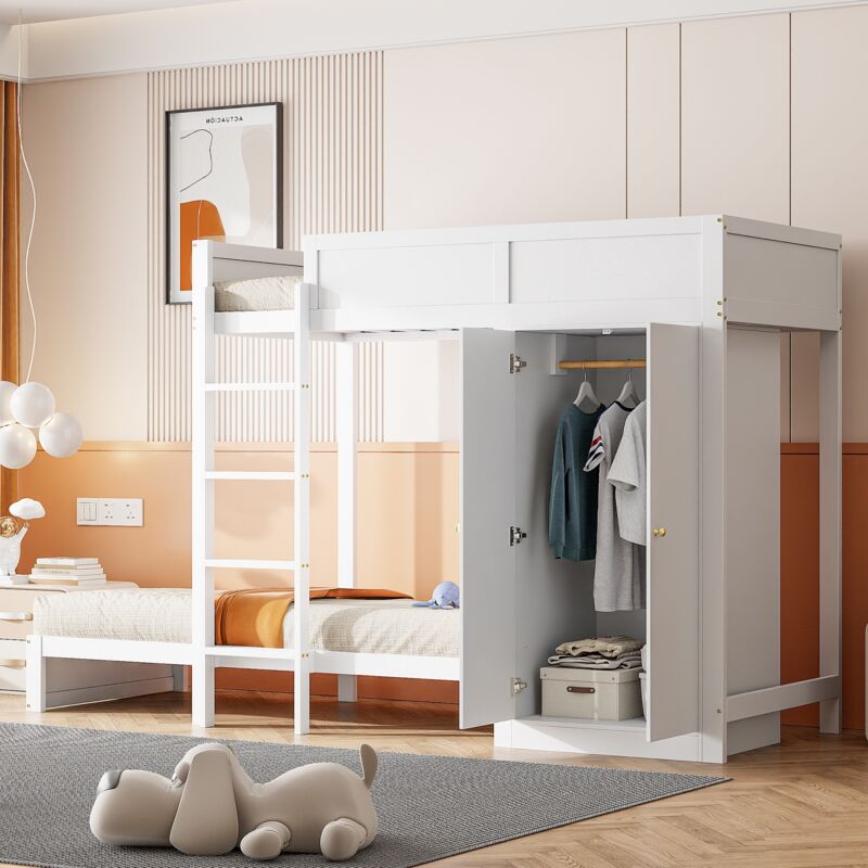 Lit superposé 90x200 cm, avec escalier de sécurité vertical, armoire, conception de clôture haute, sommier à lattes, adapté aux enfants et