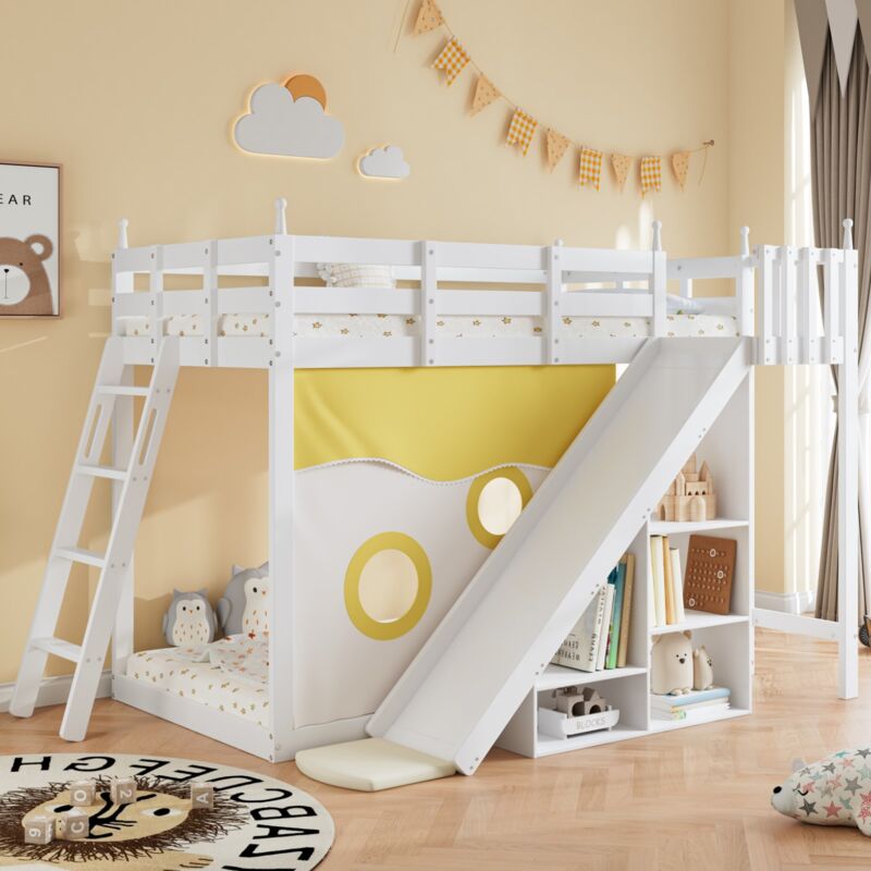 Eifson - Lit superposé 90x200 cm, avec escaliers et toboggans, étagères de rangement, rideaux de lit, grille antichute, pin, sommier à lattes - Blanc