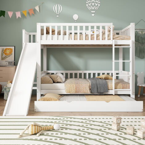 Lit superposé 90x200 cm avec lit gigogne 90x190 cm, barrière de sécurité, toboggan, étagères, en bois, sans matelas, blanc