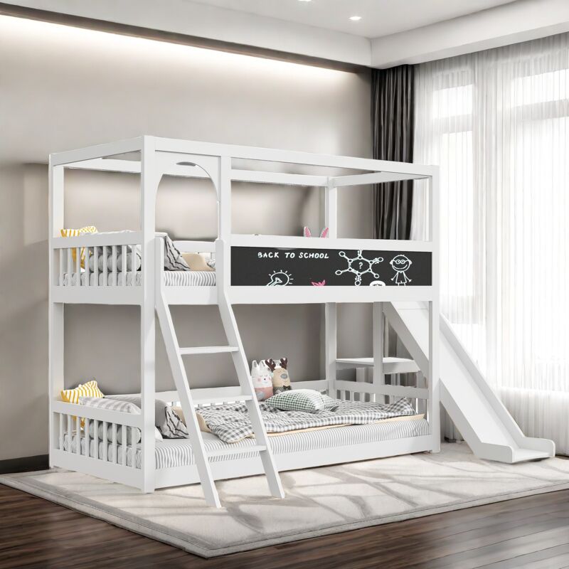 Lit superposé 90x200 cm avec toboggan,lit enfant 2 places avec tableau noir,étagère de rangement,sommier à lattes,lit mezzanine 2 places,barrière de