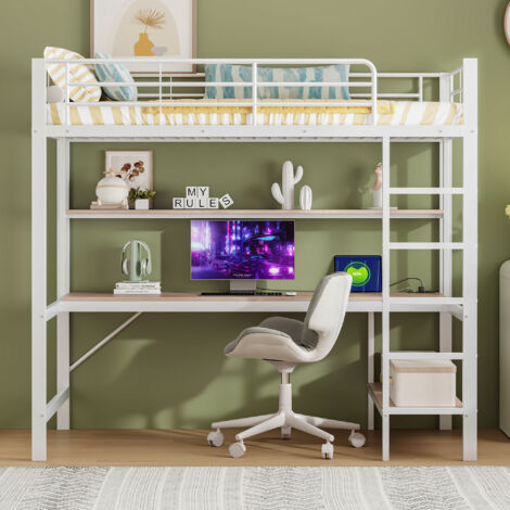Lit superposé 90x200 cm – Cadre en métal avec bureau, étagères, prises USB, lumière d’ambiance télécommandée – Blanc