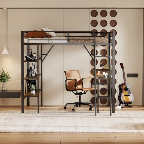 Lit superposé 90x200 cm en métal avec bureau et étagères, cadre en fer, échelle fixe, sécurité renforcée -noir