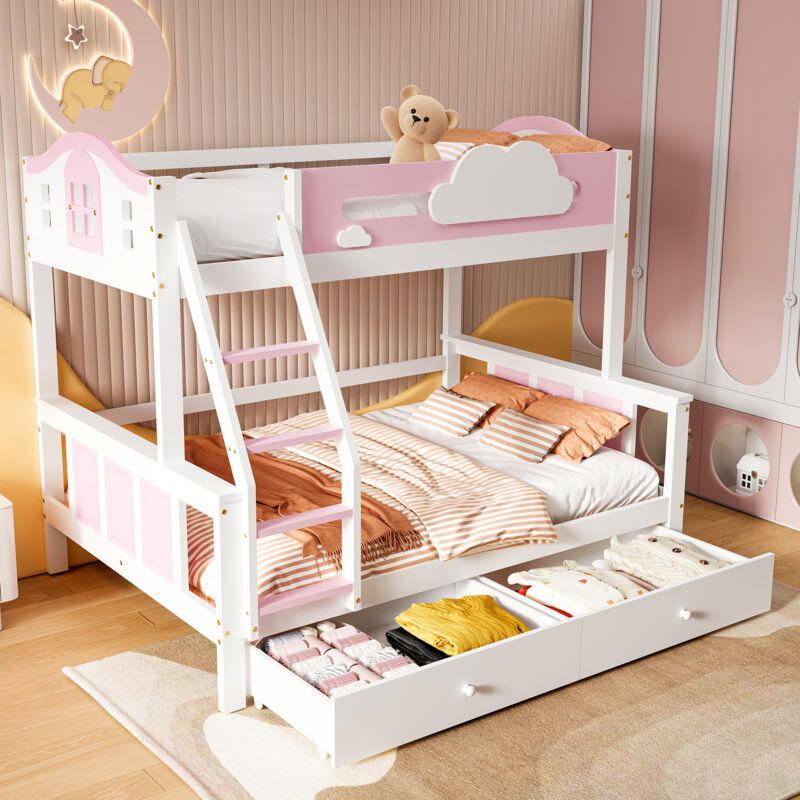 Lit superposé 90x200 cm et 120x200 cm, lit superposé enfant avec grille, fenêtre, échelle et tiroirs, blanc et rose