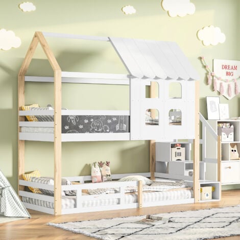 Lit superposé 90x200 cm, lit cabane enfant 2 places,escalier de rangement, sommier à lattes,avec fenêtre et garde-corps, design tableau noir, bois en pin, blanc + naturel