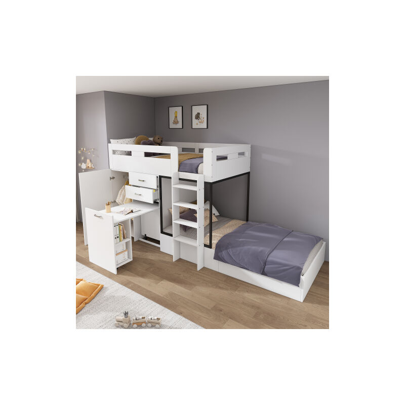 Wishdor - Lit superposé 90x200 cm, lit double avec bureau coulissant et armoire, tiroirs, étagères et échelle, sans matelas, blanc