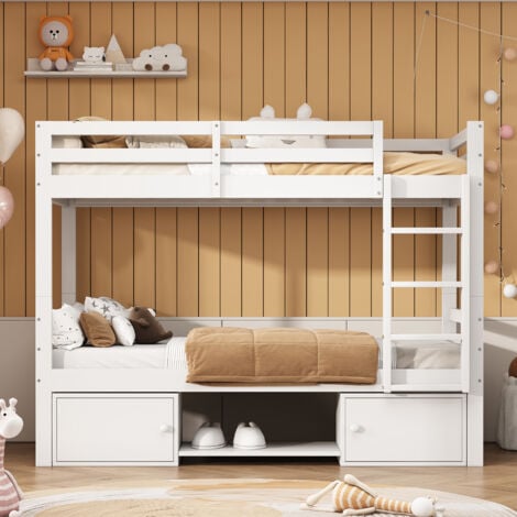 OKWISH Lit superposé 90x200 cm lit enfant 2 places avec étagères à chaussures et casiers, 2 lits simples, en pin et MDF