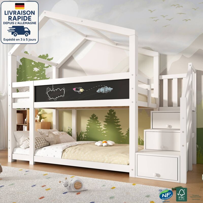 Modfu - Lit superposé 90x200 cm, lit enfant avec cheminée, rangement et protection anti-basculement, mobilier de chambre, blanc