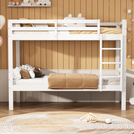 Lit superposé 90x200 cm, lit enfant avec échelle à trois marches, barrière de sécurité, lit simple amovible, cadre en pin, sans matelas, blanc