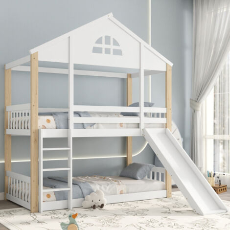 Lit superposé 90x200 cm, lit enfant avec fenêtre et échelle à trois marches, toboggan, toit, barrière, sans matelas, blanc et naturel