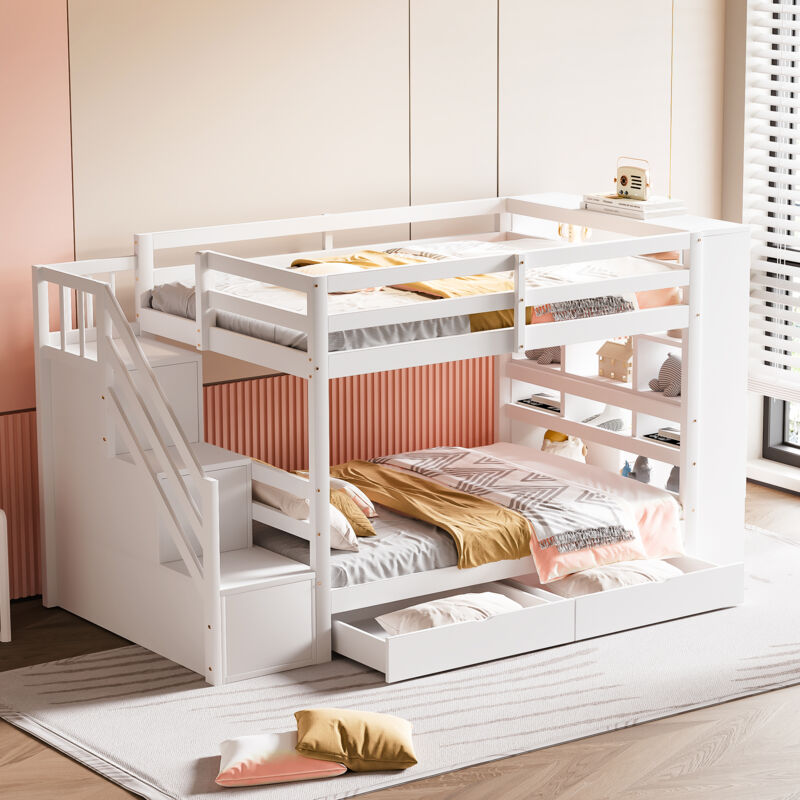 Hauss Spole - Lit superposé 90x200 cm, lit enfant avec tiroirs de rangement, compartiments de rangement, escalier de sécurité, pin, blanc