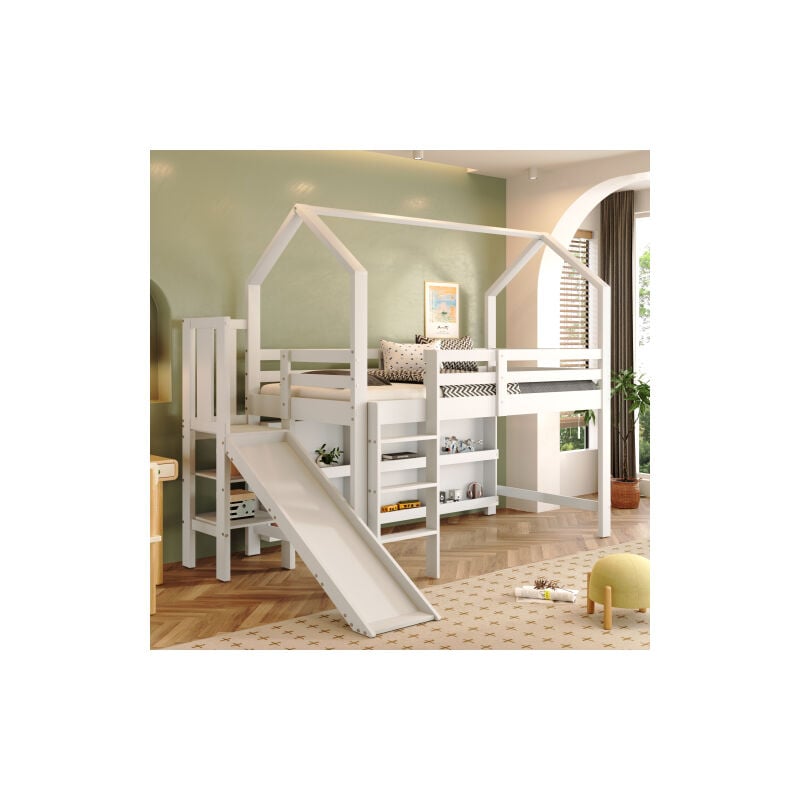 Okwish - Lit superposé 90x200 cm lit enfant multifonctionnel avec toboggan, escalier, casier et étagère, en bois massif, blanc, sans matelas
