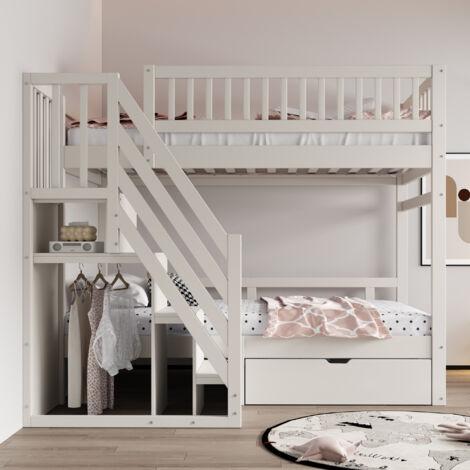 Lit superposé 90x200 cm, lit mezzanine 90x200 cm, avec barrières de sécurité hautes, escalier avec rangement, 1 tiroir, lit enfant, lit ado - Blanc