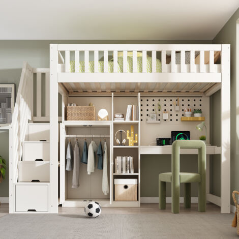 Lit superposé 90x200 cm moderne avec bureau - Design multifonctionnel - Rangement  - Blanc