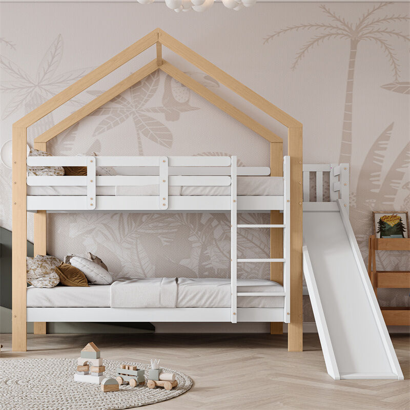 Lit superposé 90x200 cm pour 2 couchages - lit cabane avec toboggan et échelle d'accès en angle à 3 marches, anti-chute, cadre de lit en bois massif