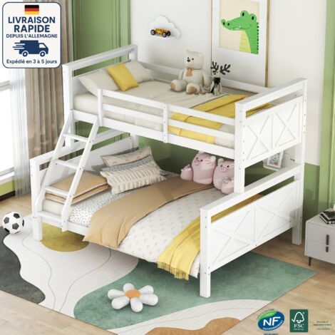 Lit superposé 90x200 cm,Structure modulaire,Livré avec lit gigogne, échelle et 3 tiroirs de rangement - Bois Certifié PEFC - Matelas non inclus - Blanc