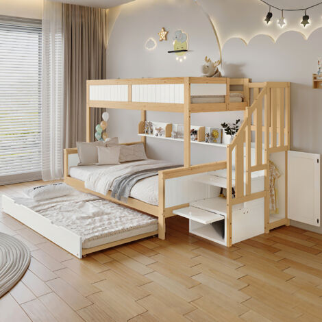Lit superposé 90x200 et 120x200cm,lit triple avec barrières de sécurité,armoire et échelle,avec lit gigogne 90x190cm,bois de pin,blanche+naturelle