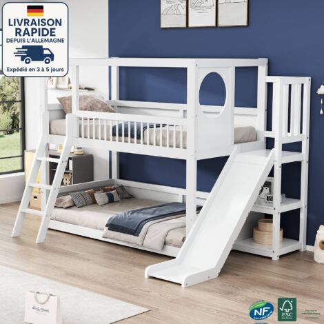 Lit superposé 90x200 - Lit enfant 90x200 - protection antichute, toboggan et fenêtre, Bois Certifié PEFC, blanc