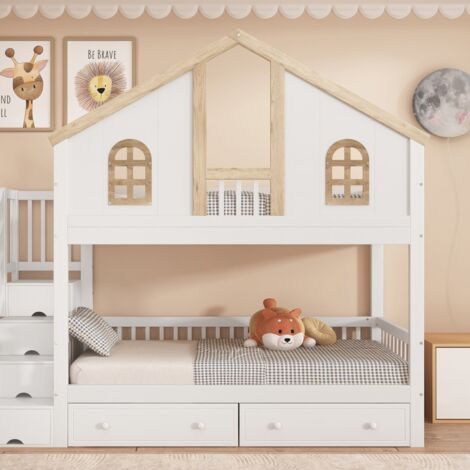 Lit superposé 90x200 - Maxi rangement (escalier 4 cases, 2 tiroirs) - Fenêtre et barrière sécurité - Blanc/Naturel (sans Matelas)