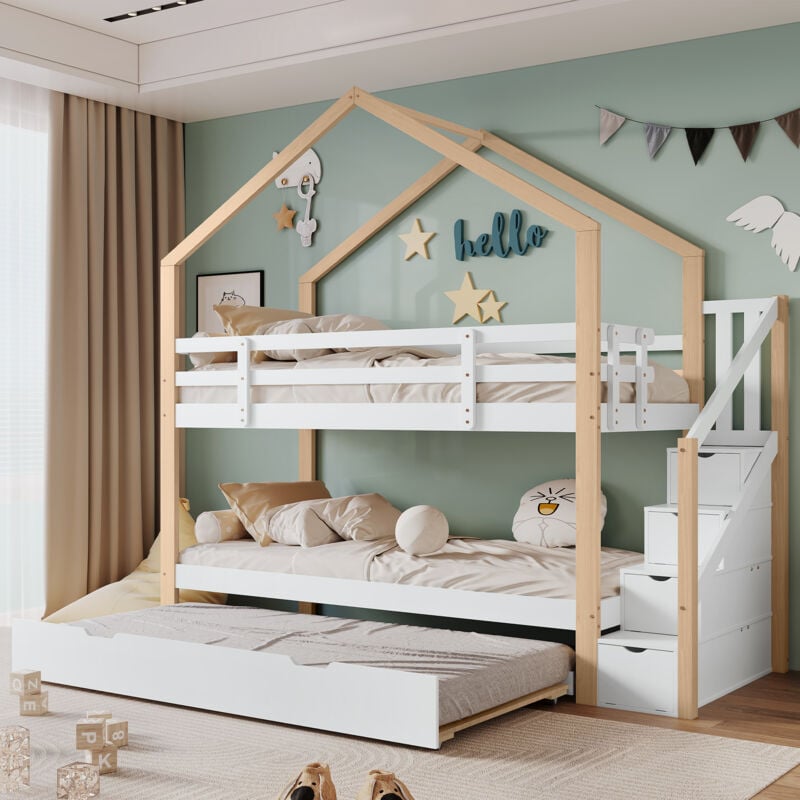 lit superposé 90x200/190cm lit cabane enfant lit gigogne avec escalier et toboggan lit loft barreaux antichute cadre de lit en bois forme