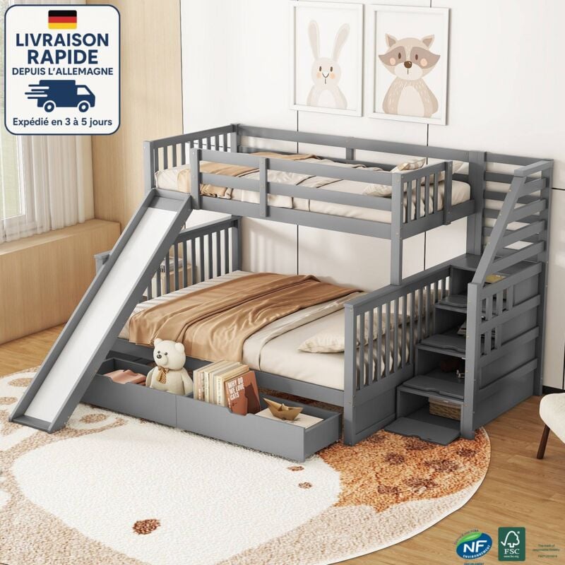 Modfu - Lit superposé 90x200cm + 140x200cm, lit enfant avec tiroirs, avec toboggan, sans matelas, gris