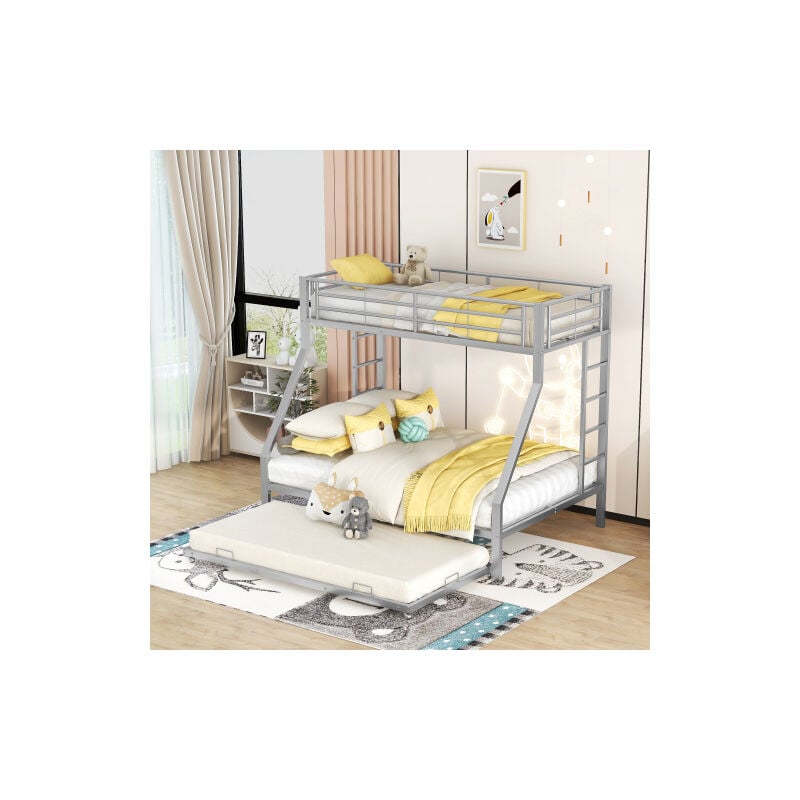 Modernluxe - Lit superposé 90/140x200cm avec un lit gigogne 90x190cm - cadre en métal - Argenté