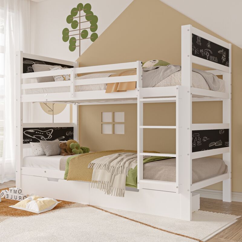 Dans Les Nuages - Lit superposé 90x200 cm, 2 places, avec 2 tiroirs, 4 planche à dessin, sommiers à lattes en bois, clôture de sécurité, Lit enfants