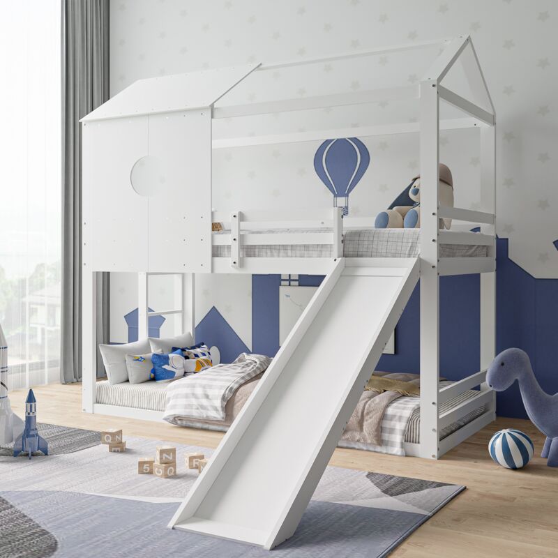 Dans Les Nuages - Lit superposé 90x200 cm, 2 places, avec toboggan, escalier, sommier à lattes en bois, clôture de sécurité, lit enfants en forme de