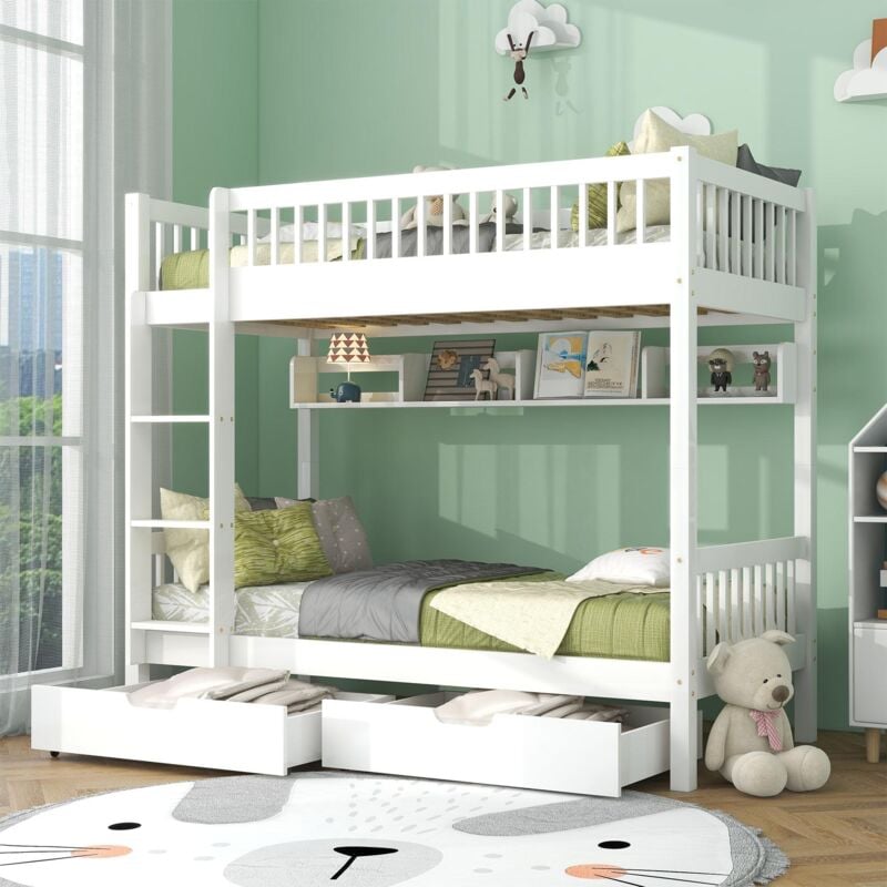 lit superposé 90x200cm, avec 2 tiroirs, échelle, sommiers à lattes en pin, lit enfant convertible - blanc - blanc