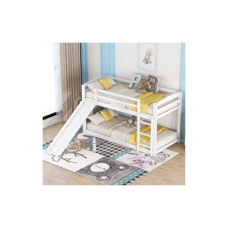 Modernluxe - Lit superposé en pin avec barrières anti-chutes + échelle + toboggan - 90x200cm - Blanc