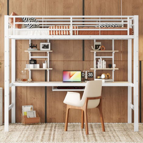 Lit superposé 90x200cm avec bureau et étagères - Cadre en métal - Lit en fer pour enfants - Blanc