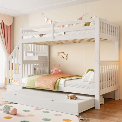 Lit superposé 90x200cm avec escalier à étagères, bois de pin et MDF, garde-corps haut, Blanc Sans matelas
