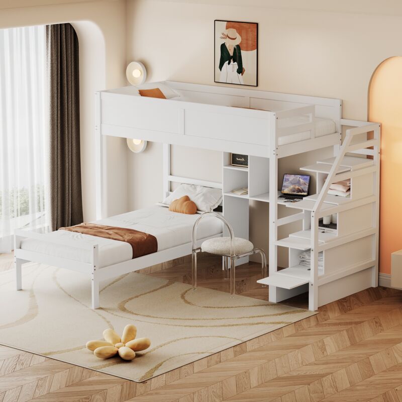 Tanant - Lit superposé 90x200cm avec escalier de rangement et barrière de sécurité, avec rangement bureau, sommier à lattes, adapté aux enfants et