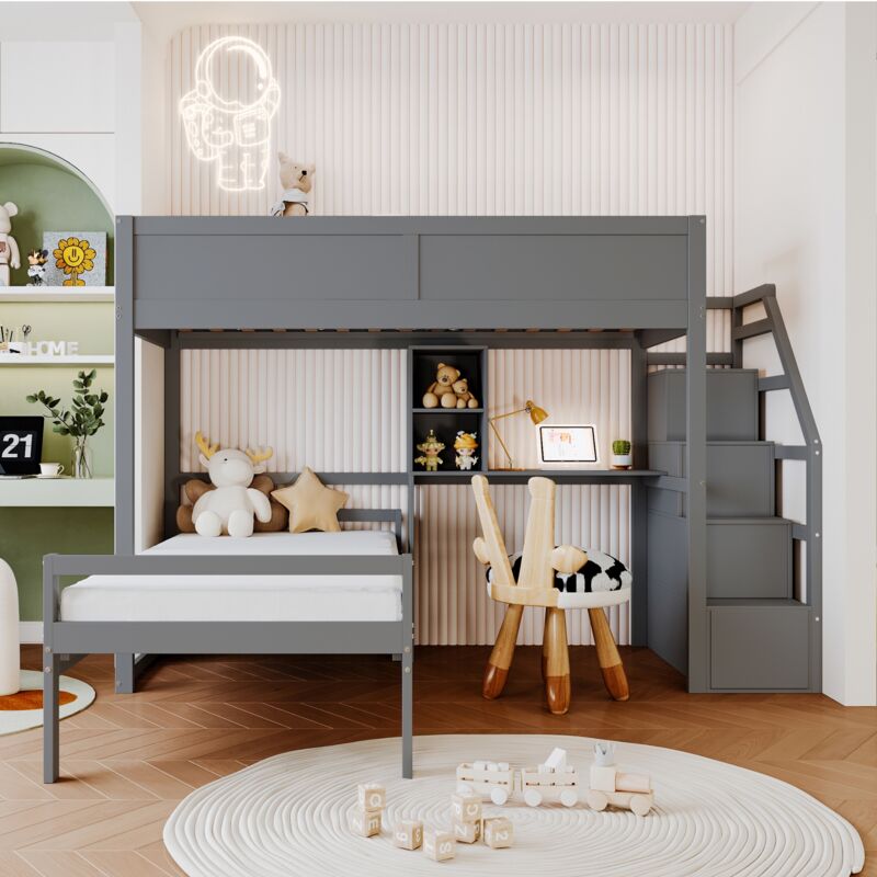 Tanant - Lit superposé 90x200cm avec escalier de rangement et barrière de sécurité, avec rangement bureau, sommier à lattes, adapté aux enfants et