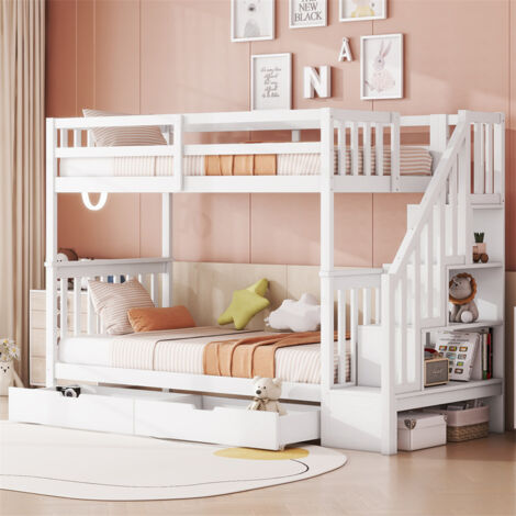 Lit superposé 90x200cm, avec étagère d'escalier de rangement, équipé de 2 tiroirs, garde-corps hauts, certifié EN747-1, blanc