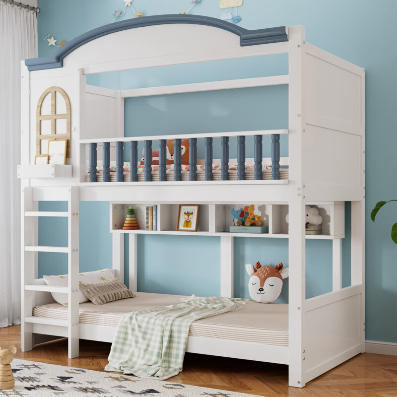 Gutent - Lit superposé 90x200cm avec étagère ouverte et échelle 4 marches, barrière en bois massif raffiné, blanc+bleu